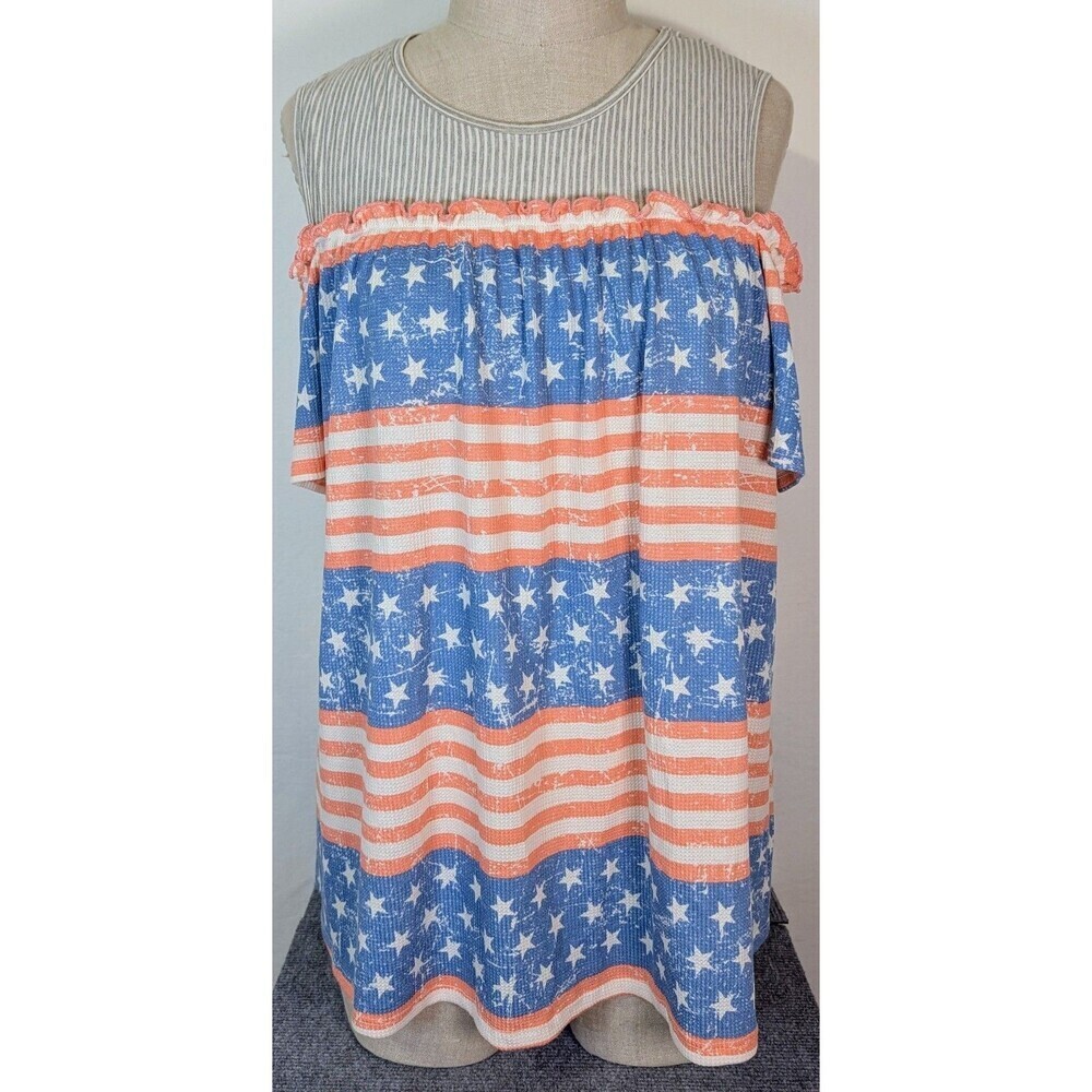 Lilypad American Flag Stars Stripes Cold Shoulder Top Plus Size 2X Patriotic